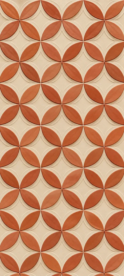 Terracotta petals repeat in a cream geometric grid.