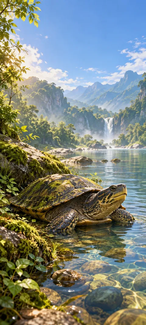 A river turtle rests beside a mossy bank.