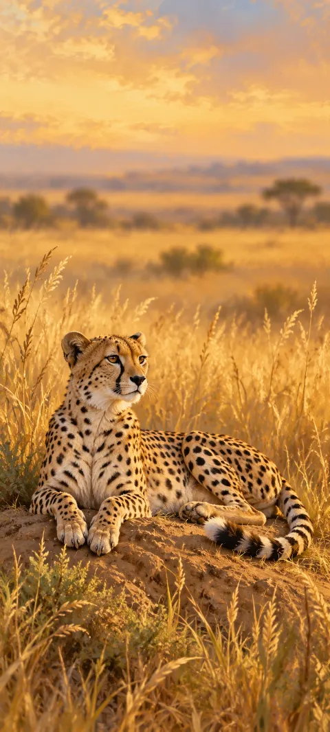 Whole resting cheetah with curled tail and visible paws in golden savanna grass.
