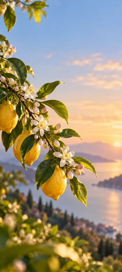 Lemon blossoms and fruit hang from a branch at sunset.