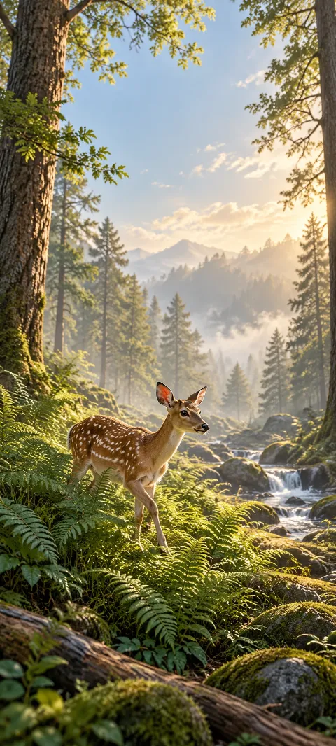 Spotted deer among ferns beside a forest stream and cascades.