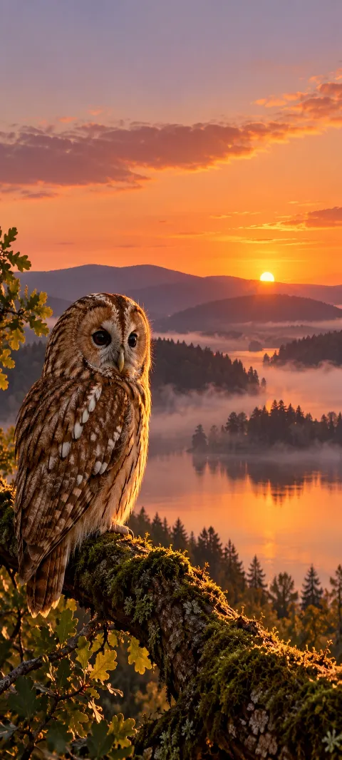 A tawny owl rests on a mossy branch above a sunset lake.