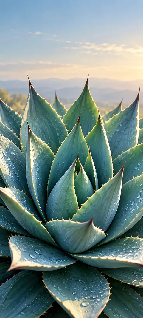Blue-green agave leaves form a spiral with pale edge light.