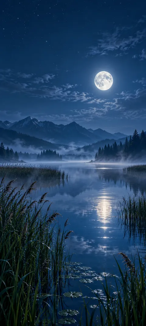 Tall reeds ring a quiet lagoon beneath a cool moonlit sky.