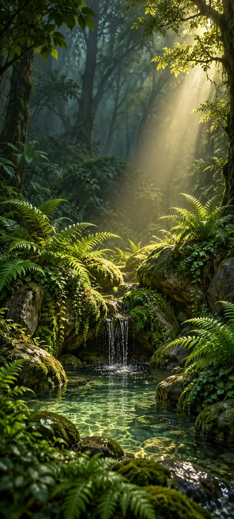 Golden sunlight reaching a fern-lined grotto with mossy stones and a small pool.