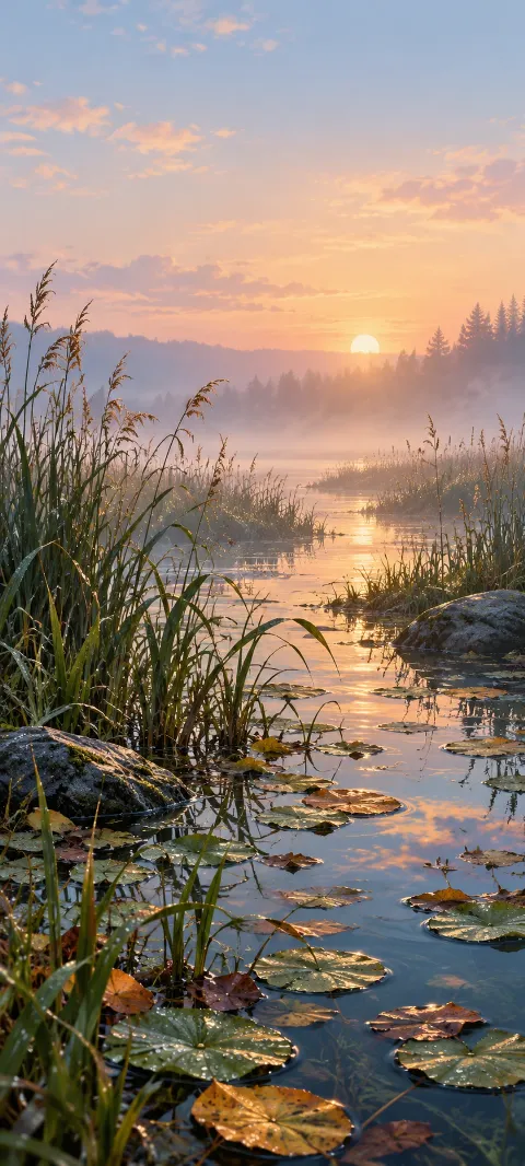 Morning light reflects across reed-lined marsh water and lily pads.