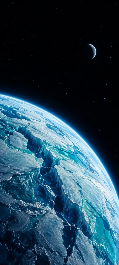 A cracked turquoise ice planet with a cyan halo below a small distant crescent.