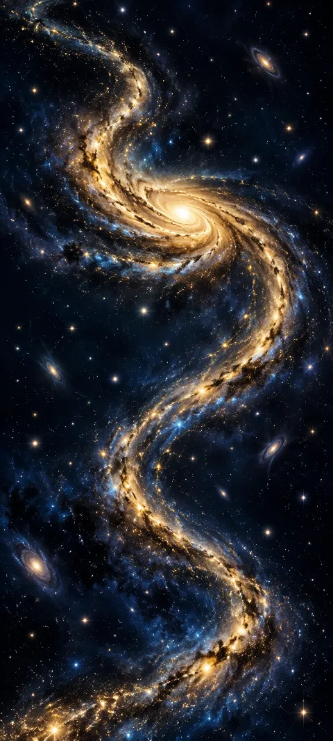 A golden galaxy ribbon winds through deep navy space.