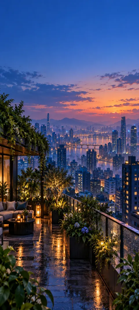 A rooftop garden overlooks cobalt buildings at dusk.