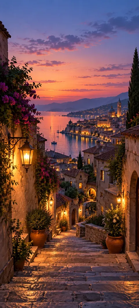 Stone steps descend between warm lanterns and plaster walls.