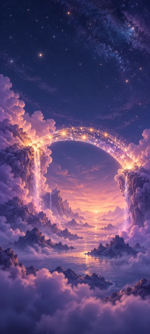 A bridge of stars spans violet cloud banks.