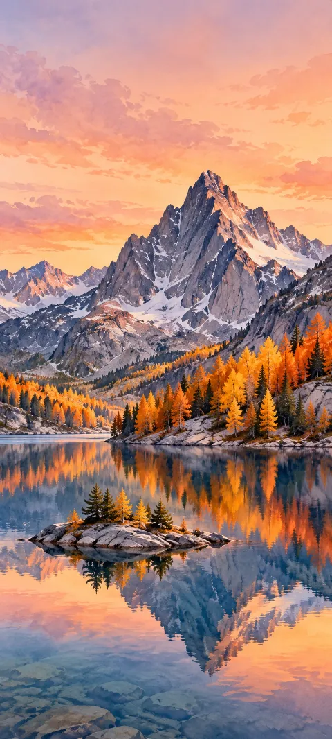 Granite mountain and golden autumn larches reflected in a lake around a small rocky island.