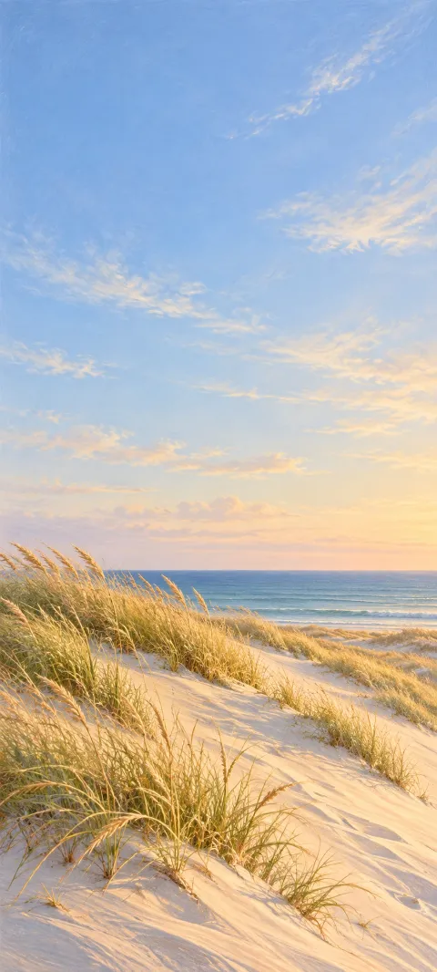Golden beach grasses on pale dunes overlooking a calm blue sea.