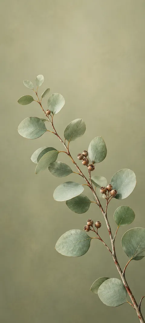 Silver-green eucalyptus leaves and brown seed pods on a slender diagonal branch.