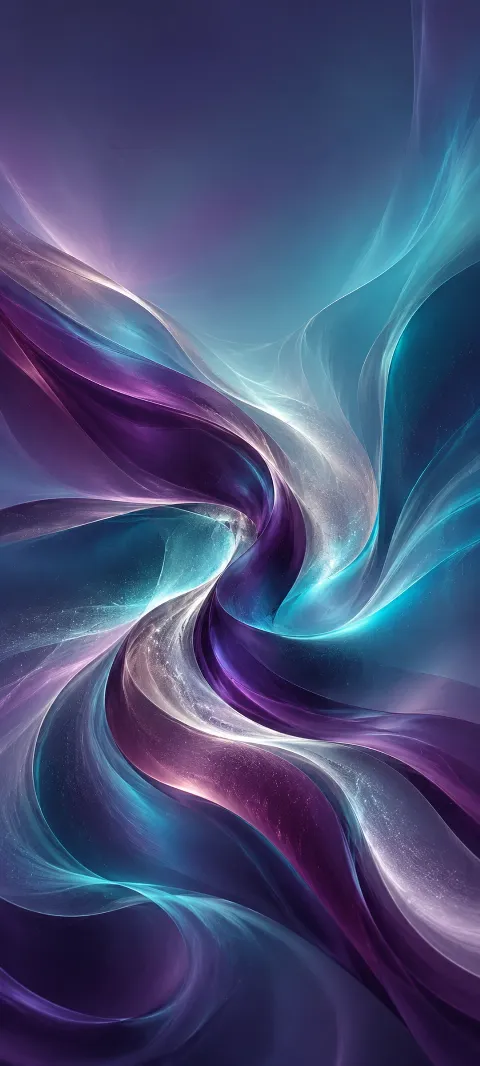 Plum, cyan and silver folds create a soft aurora-like abstraction.