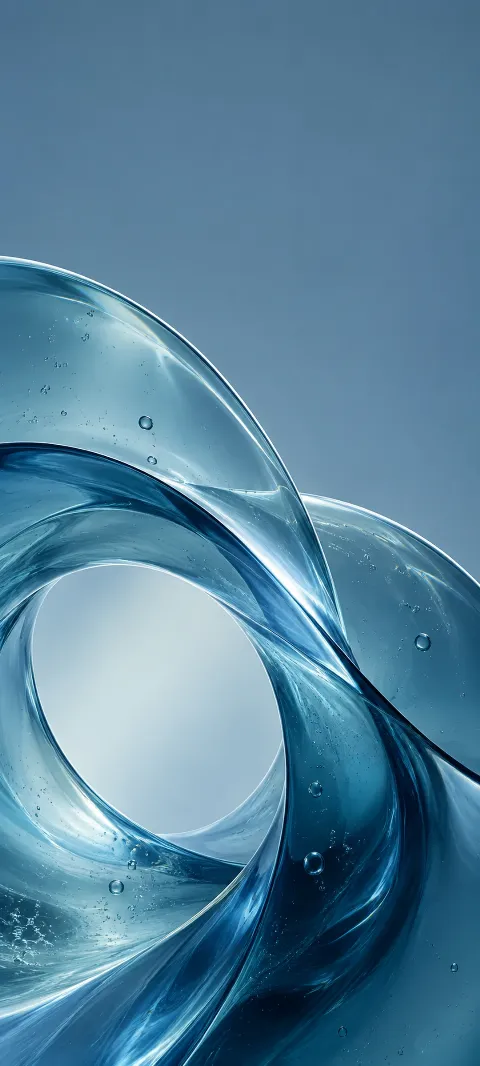 Overlapping translucent azure glass-like curves and bubbles surrounding a pale oval opening.