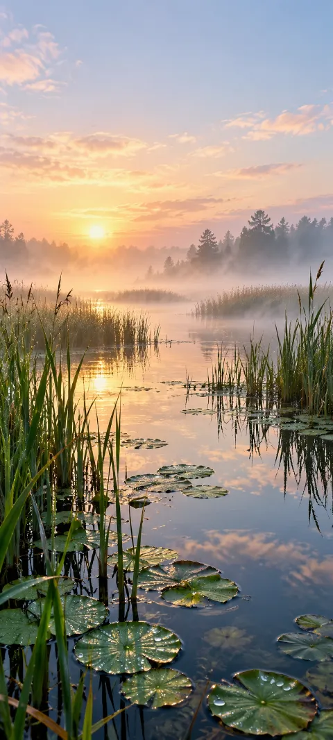 Morning water threads between reeds and floating leaves.