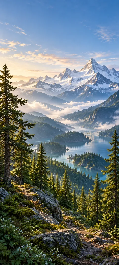 Cedar forest opens toward snow peaks in clear air.
