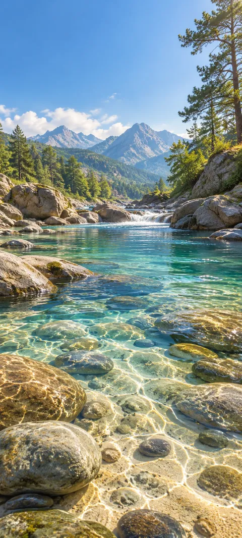 Clear river water flows over rounded stones.