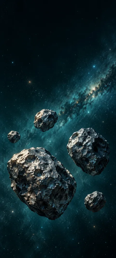 Five pitted silver-gray asteroids float against a teal star cloud.