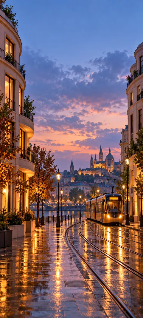 A rainlit tram avenue curves between pale modern buildings.