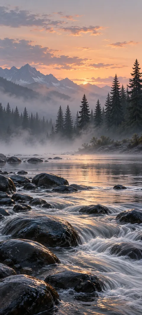 A misty alpine river flowing around black stones below pines and peach-gray sky.