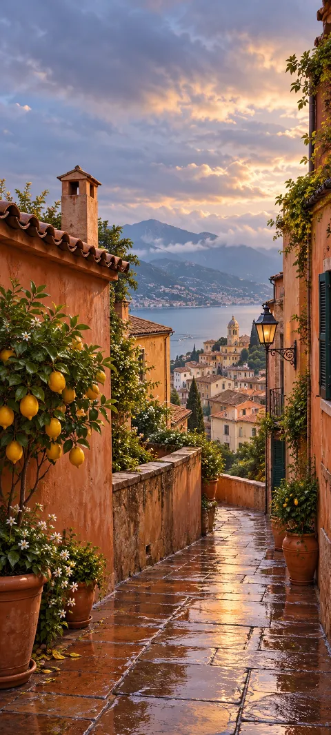 A rooftop lane winds between terracotta walls.