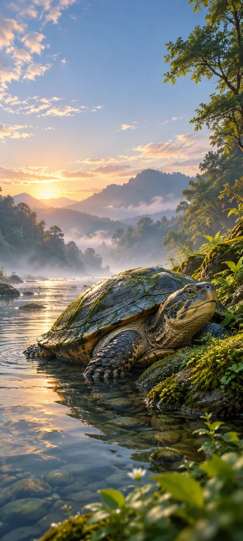 A river turtle rests beside a mossy bank.