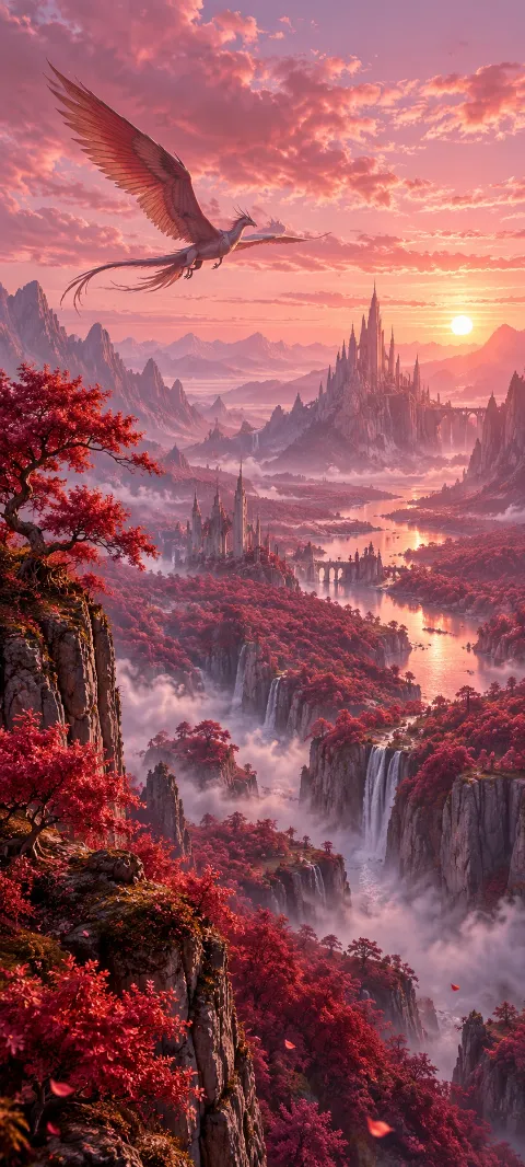 A distant winged creature circles a rosewood valley.