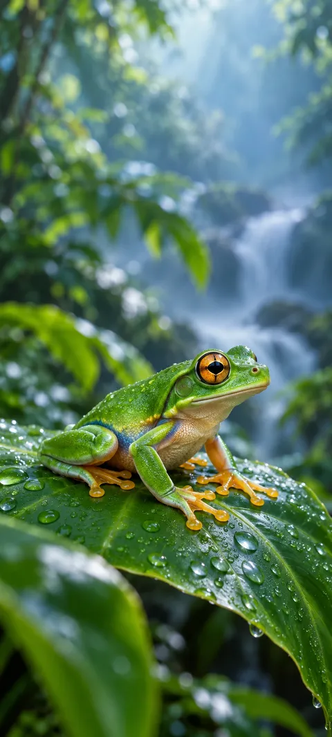 Green tree frog with amber eye and round toe pads resting on a wet leaf.
