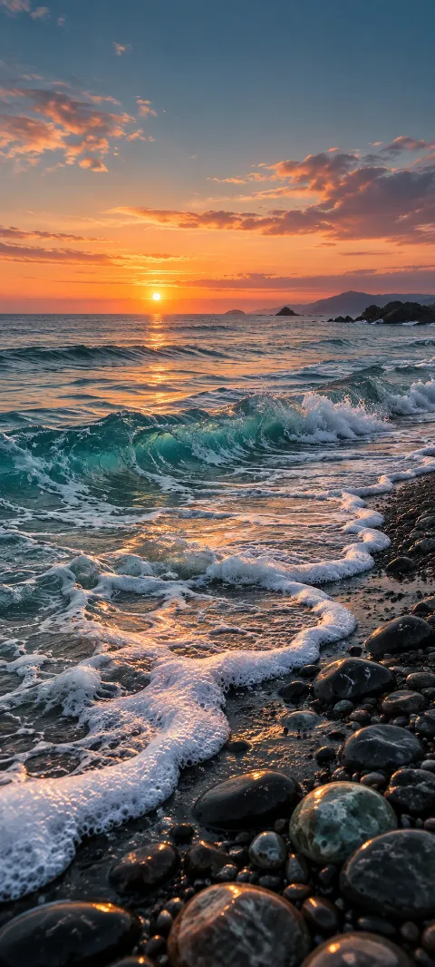 Seafoam curls along a dark pebble shoreline.