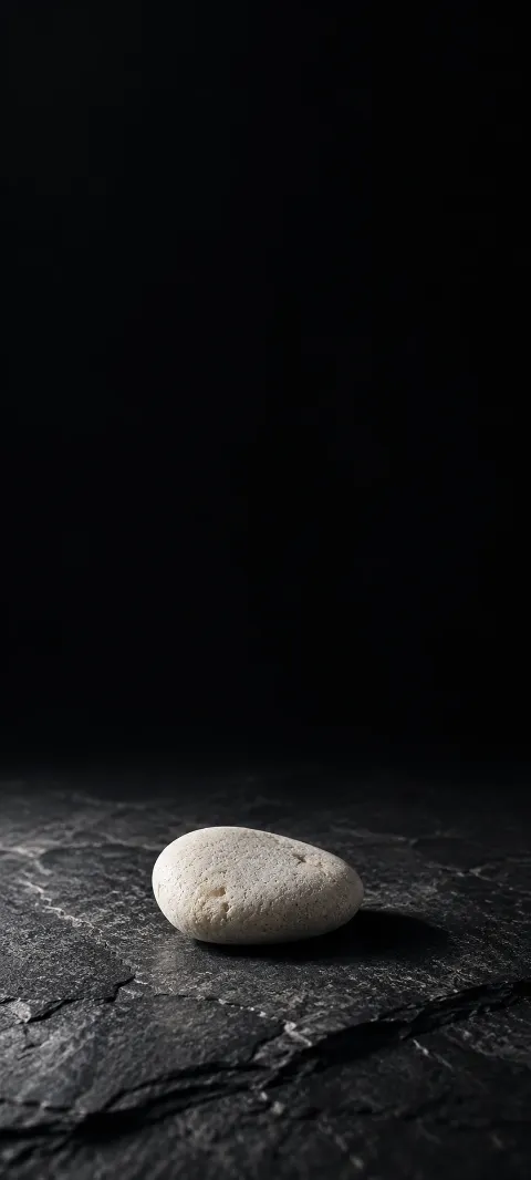 Small porous ivory pebble casting a short shadow on dark slate.