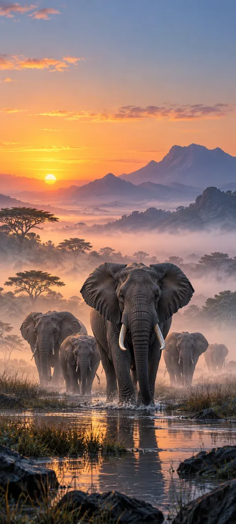 Elephants move through low dawn mist.