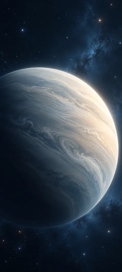 A pearl-colored planet turns through a soft blue shadow.