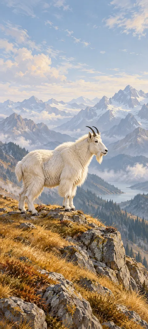 White mountain goat with dark horns and a beard standing on an alpine ridge above distant lakes and peaks.