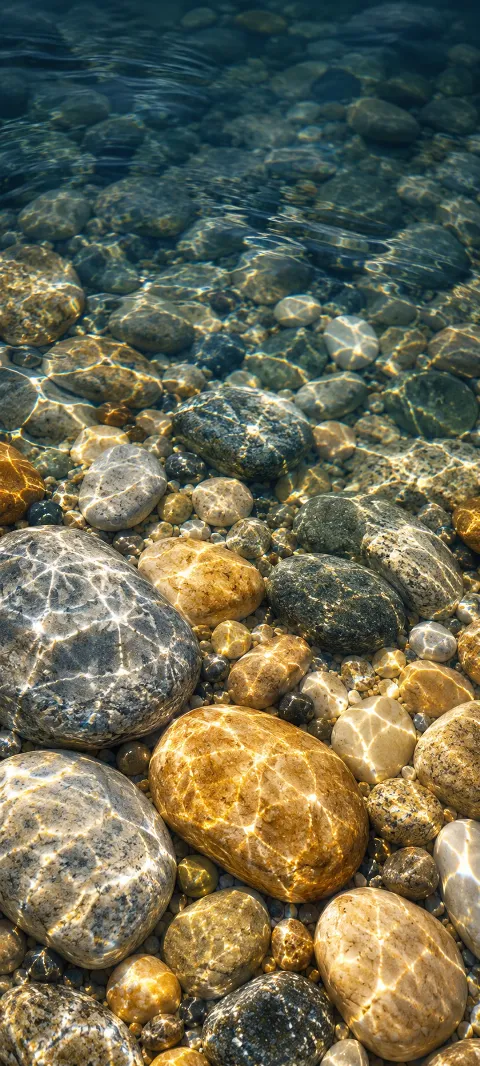 Rounded gray and honey-colored pebbles under clear water with golden rippling light patterns.