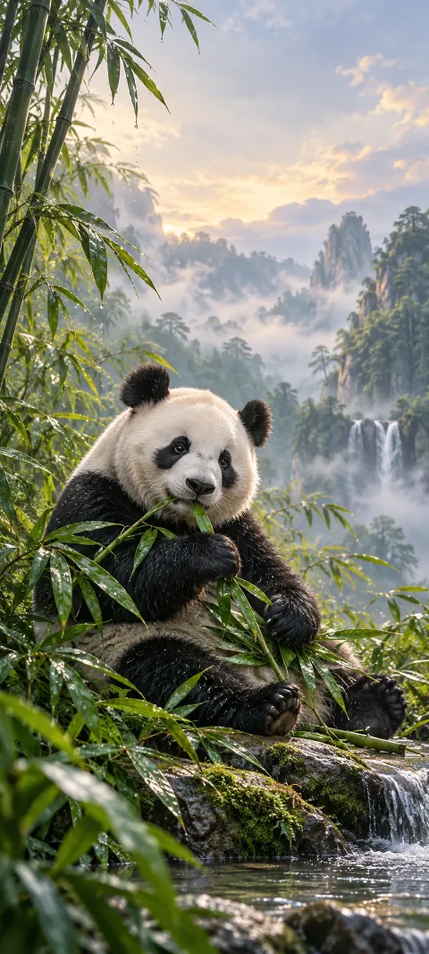 A giant panda eats bamboo beside a misty stream.