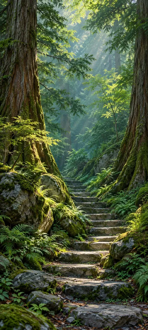 Mossy cedar trunks frame stone steps disappearing into a cool green forest.