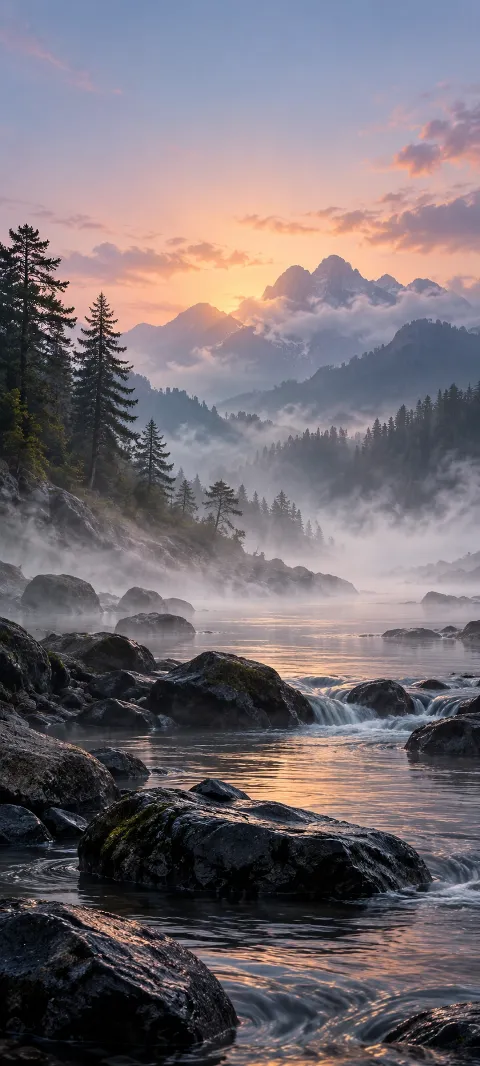 A misty river curls around dark stones beneath sunset mountains.