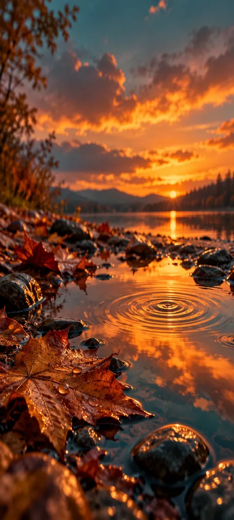 Copper sky reflects in a rain puddle beside wet leaves.