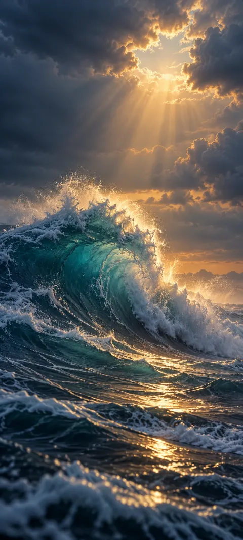 A single breaker rises beneath storm clouds.