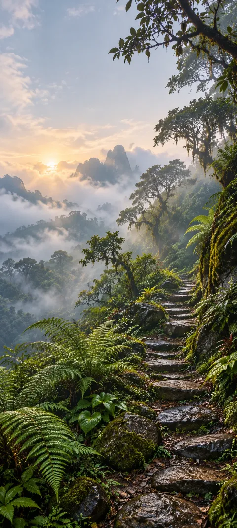 Fern-lined stone steps on a mossy slope above a misty forest.