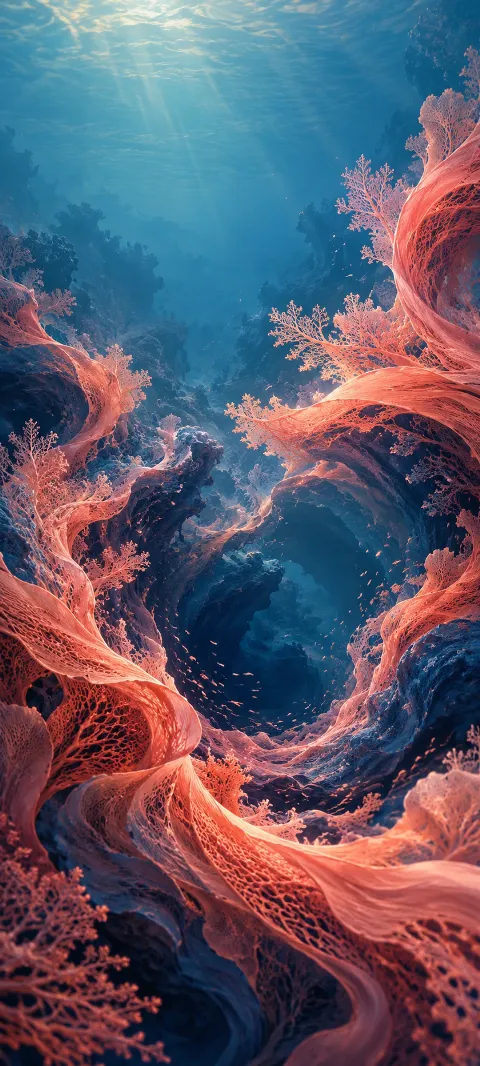 Coral threads weave around a deep indigo abstract opening.