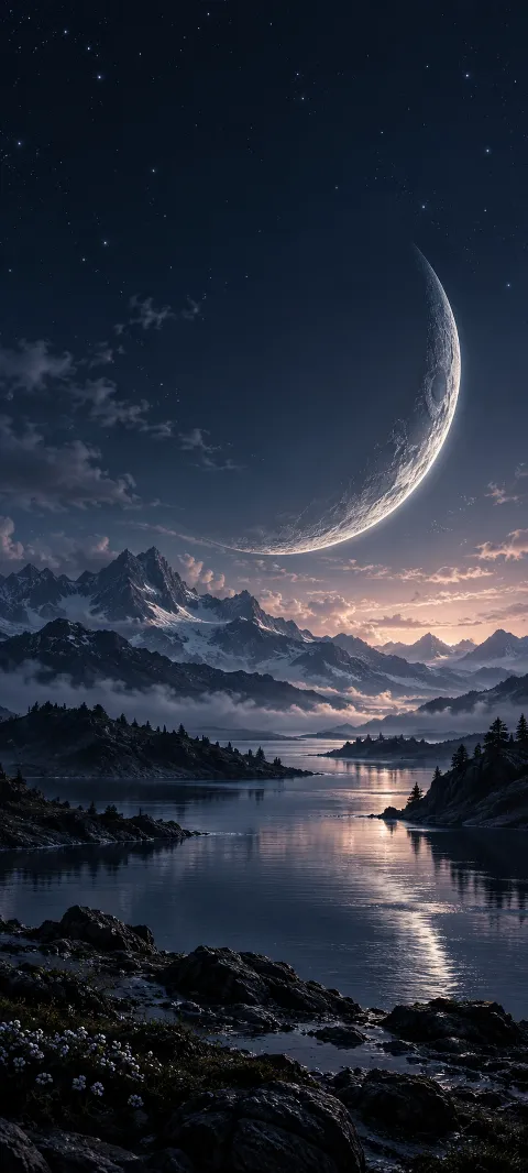 A graphite crescent glows above a dark mountain lake.