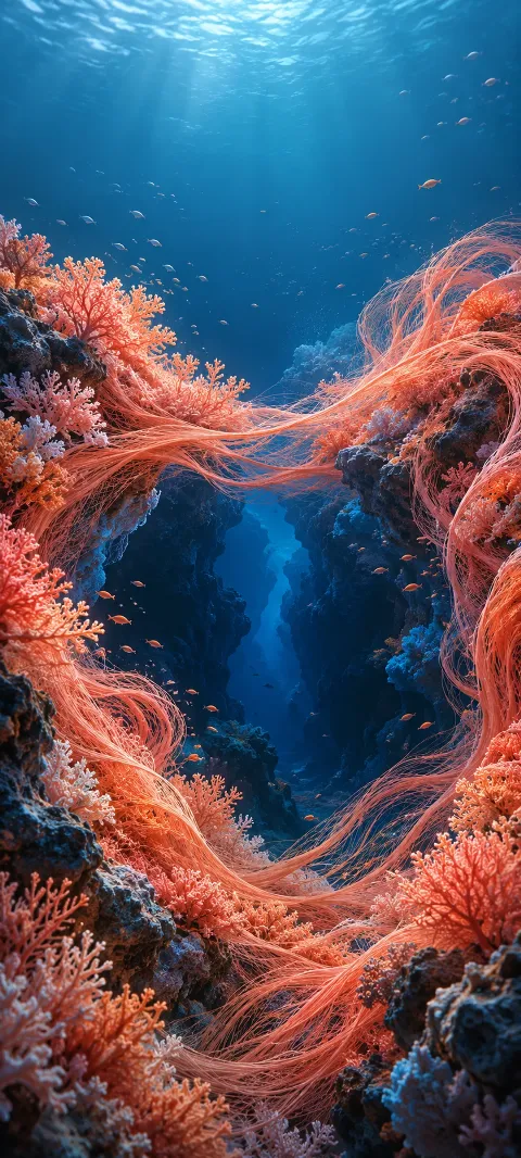 Coral threads weave around a deep indigo opening.