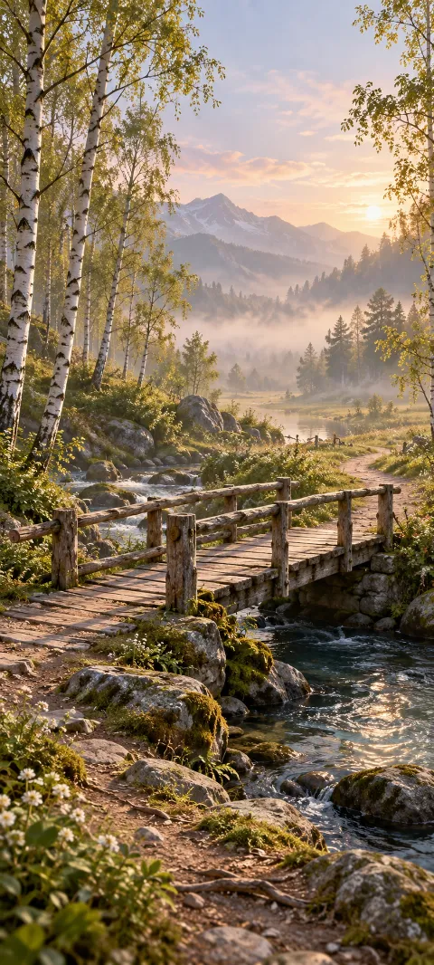 A wooden footbridge crosses a meadow stream between white birches.