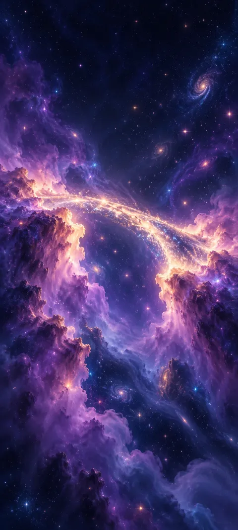 A bridge of stars spans violet cloud banks.