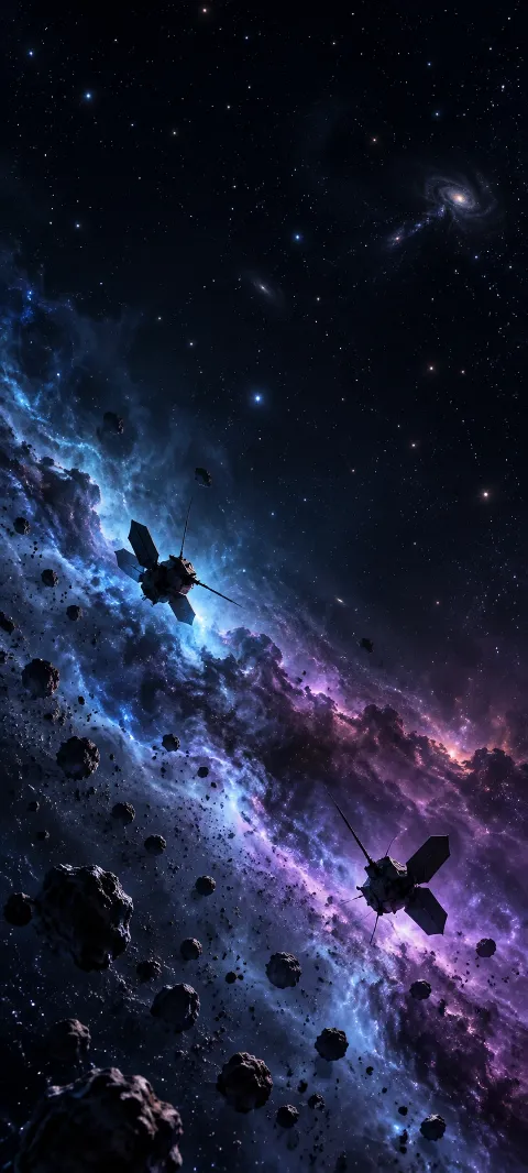 Two small dark satellites with panels amid stars, rocks and purple-blue nebula dust.