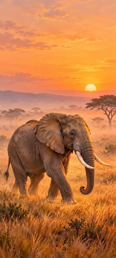 Elephant with curled trunk and two tusks walking through golden grass at dawn.
