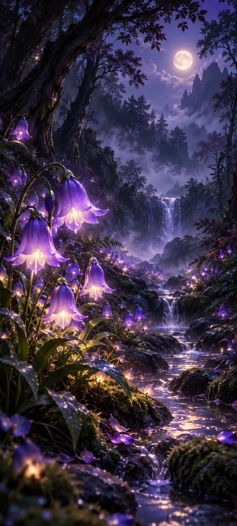 Violet bell-shaped flowers glow beneath dark trees.